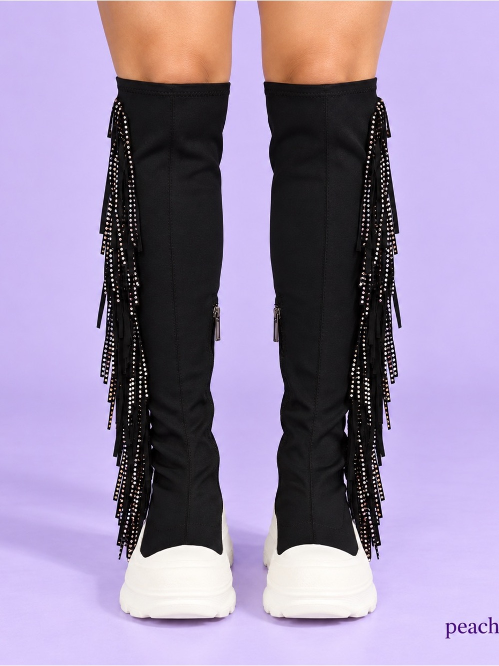 Cape Robbin Black Over-the-Knee Fringe Boots with White Sole